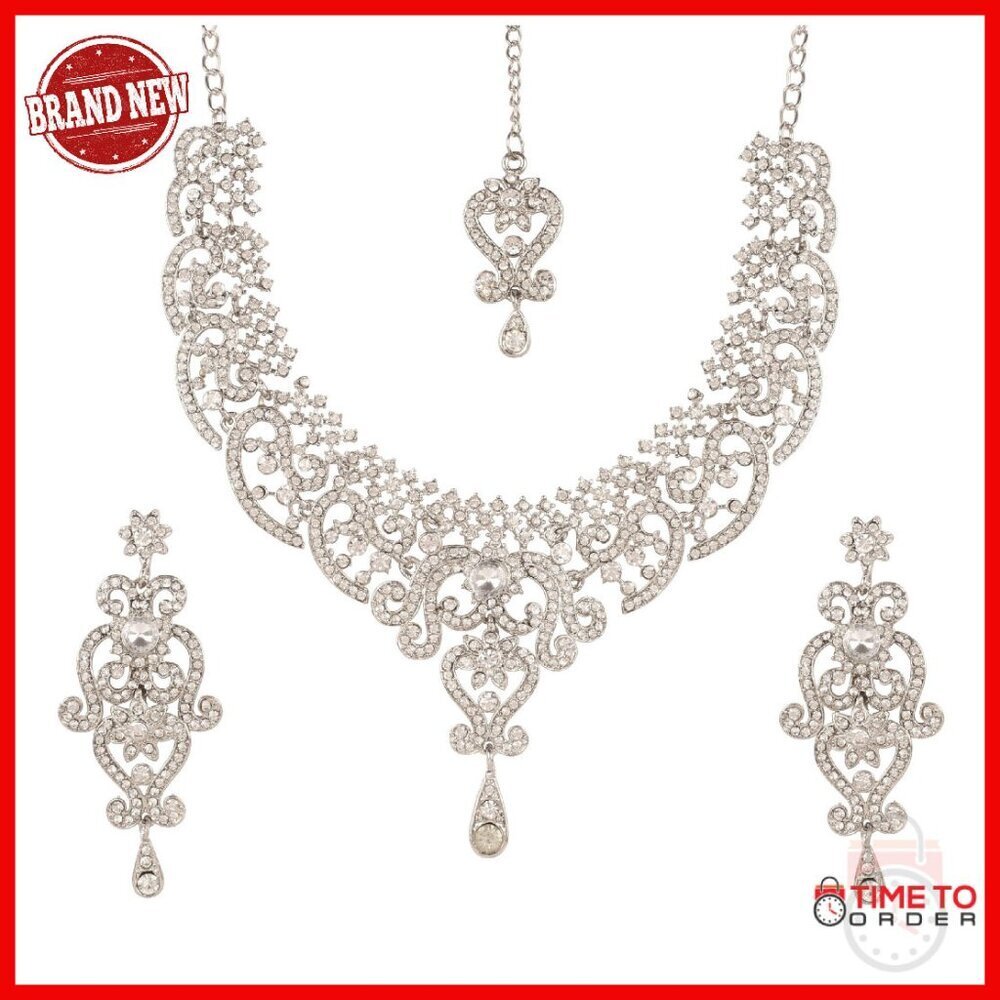 Gold Tone Indian Bridal Jewelry Set with Necklace Earrings Maang Tikka